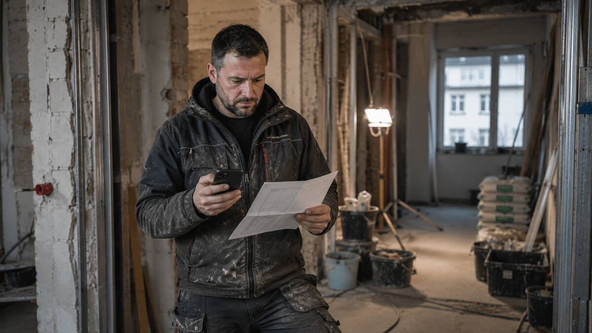 Handwerker vergleicht Smartphone und Dokument auf Baustelle