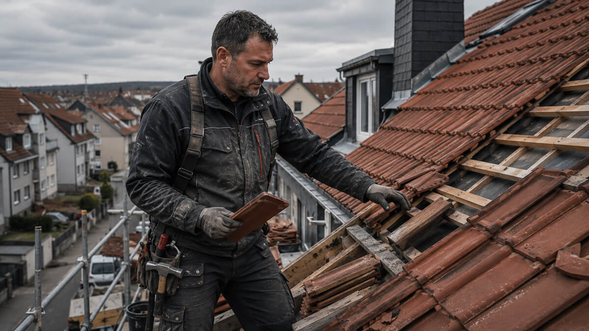 Dachdecker auf dem Dach mit Tablet