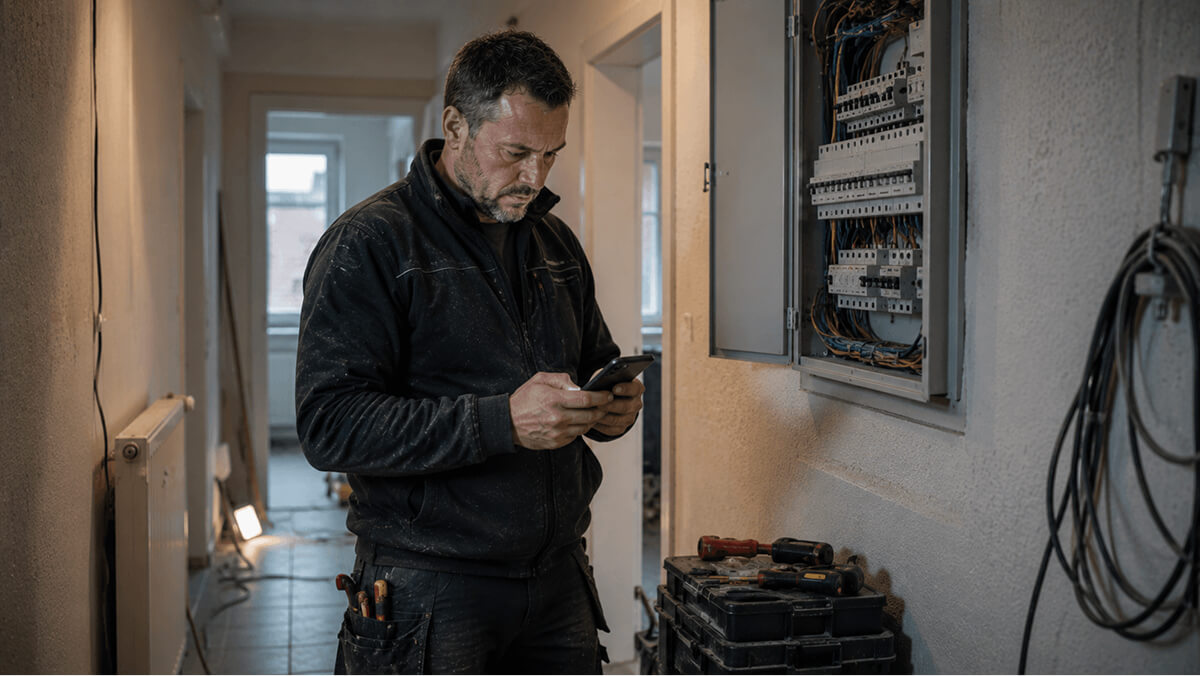Elektriker pr&uuml;ft Angebot auf dem Smartphone auf der Baustelle