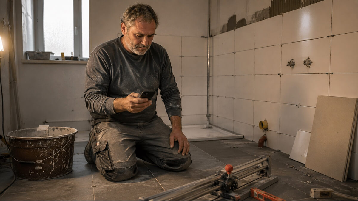 Fliesenleger kalkuliert Angebot auf dem Smartphone auf der Baustelle