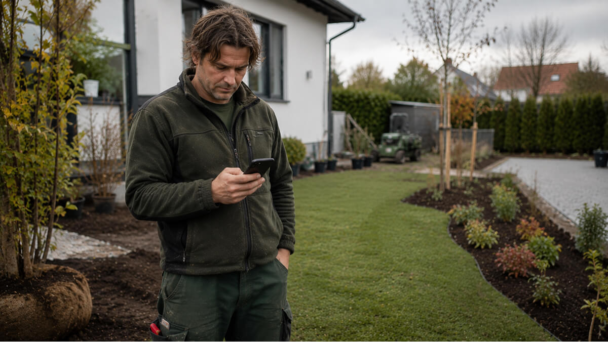 Landschaftsg&auml;rtner mit Smartphone auf Gartenbaustelle