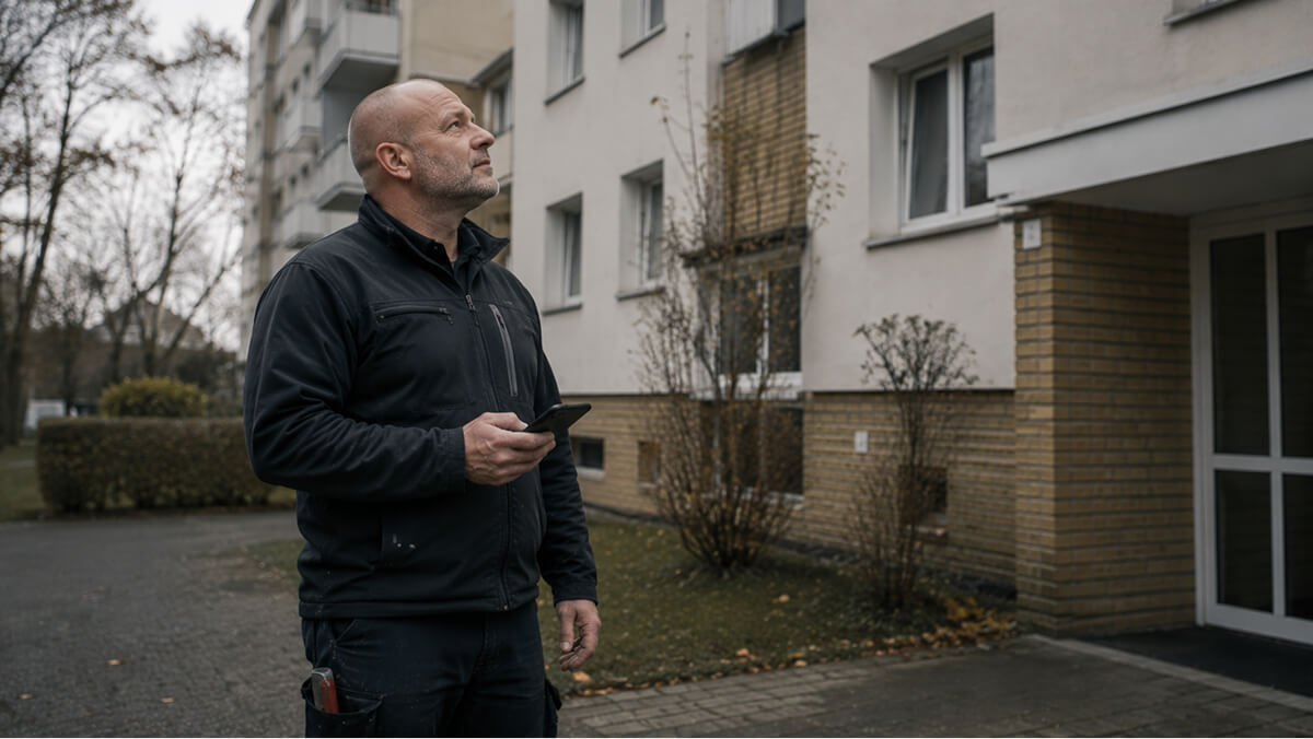 Hausmeister erstellt Angebot auf dem Smartphone vor einem Wohngeb&auml;ude