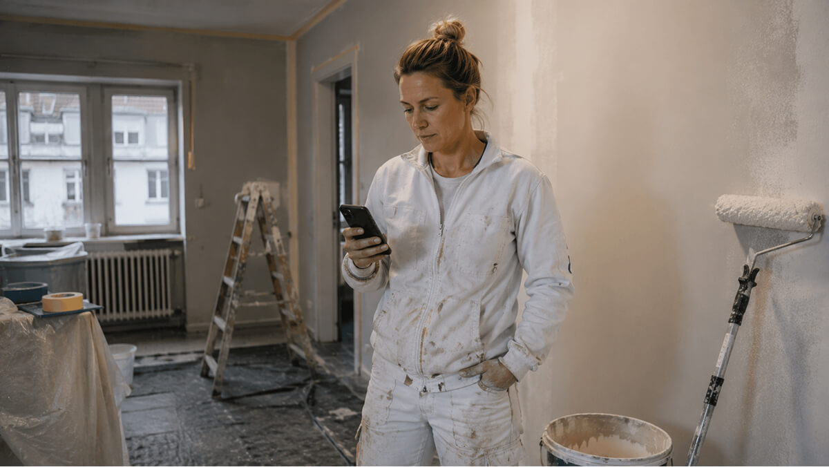 Malerin mit Smartphone vor frisch gestrichener Wand