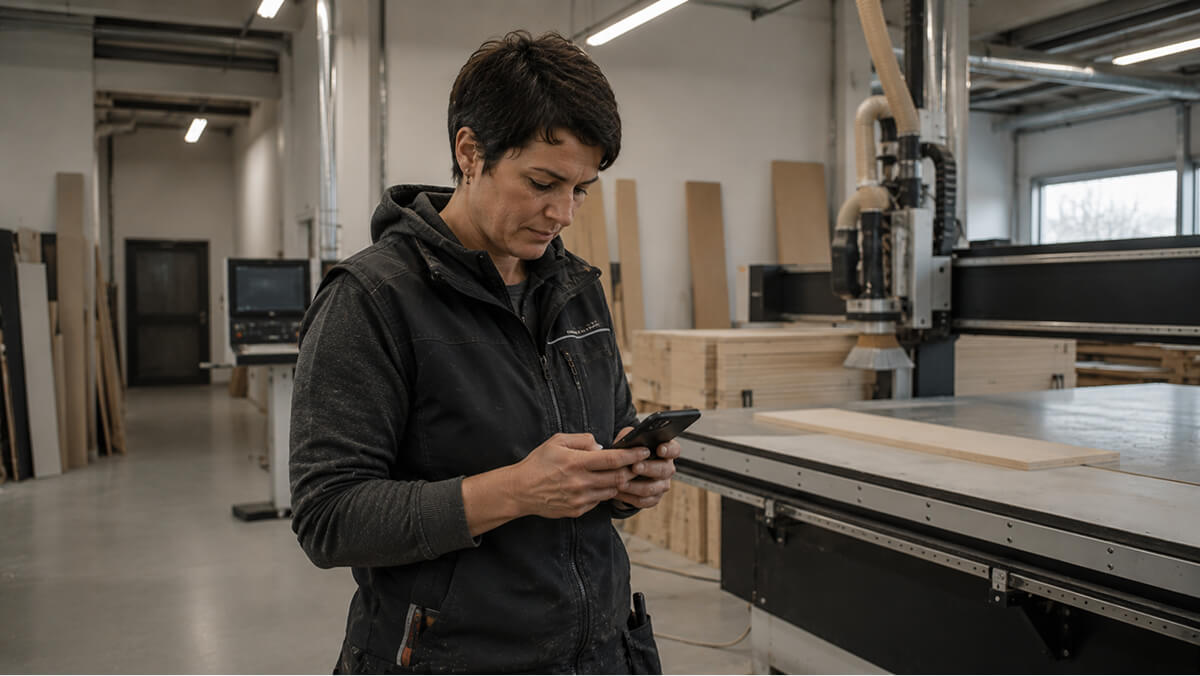 Schreinerin in der Werkstatt kalkuliert Angebot auf dem Smartphone