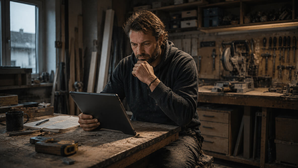 Handwerker mit Tablet in der Werkstatt